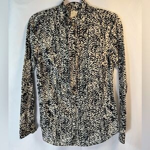 J. Crew The Perfect Shirt Long Sleeve Button Up Tie Neck Ivory & Black Print 0